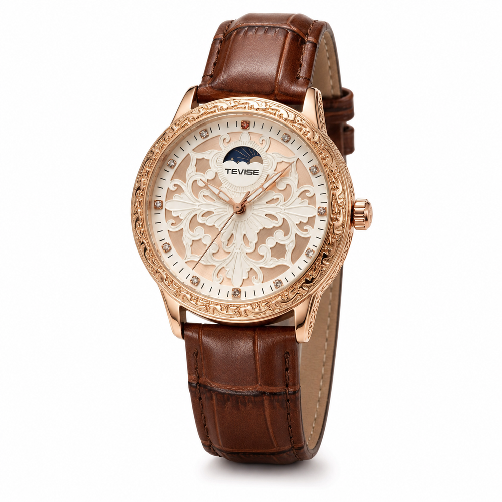 TEVISE Rose Gold Brown Strap Watch – #2045