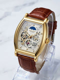 Gold skeleton-style men's watch with brown leather strap, model 2057