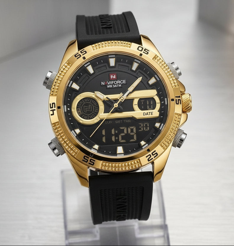 NAVIFORCE Black Gold Analog-Digital Men's Watch – #2089