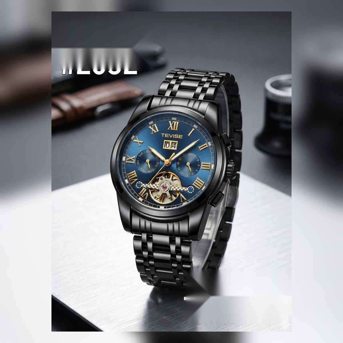 TEVISE blue dial black metal men's watch #2092