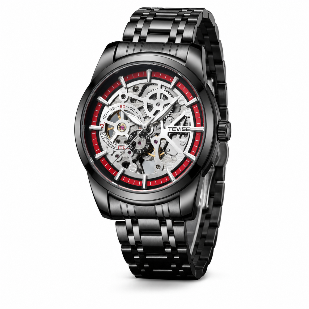 TEVISE Black Red Skeleton-Style Men's Watch – #2103