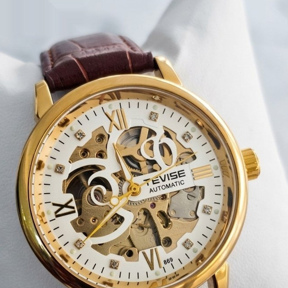 TEVISE White Skeleton Brown Strap Men's Watch – #2115