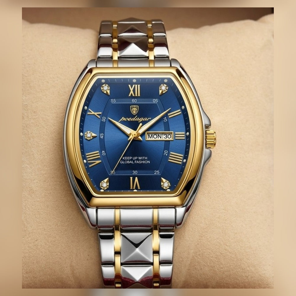 Poedagar Two-Tone Blue Tonneau Men's Watch – #2138