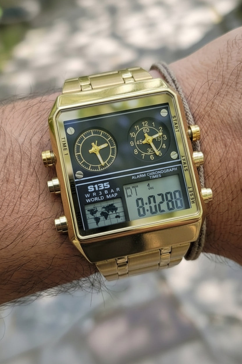 Gold square digital analog men's watch #2158