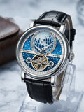 Silver and blue automatic men's watch with black leather strap, model 2166