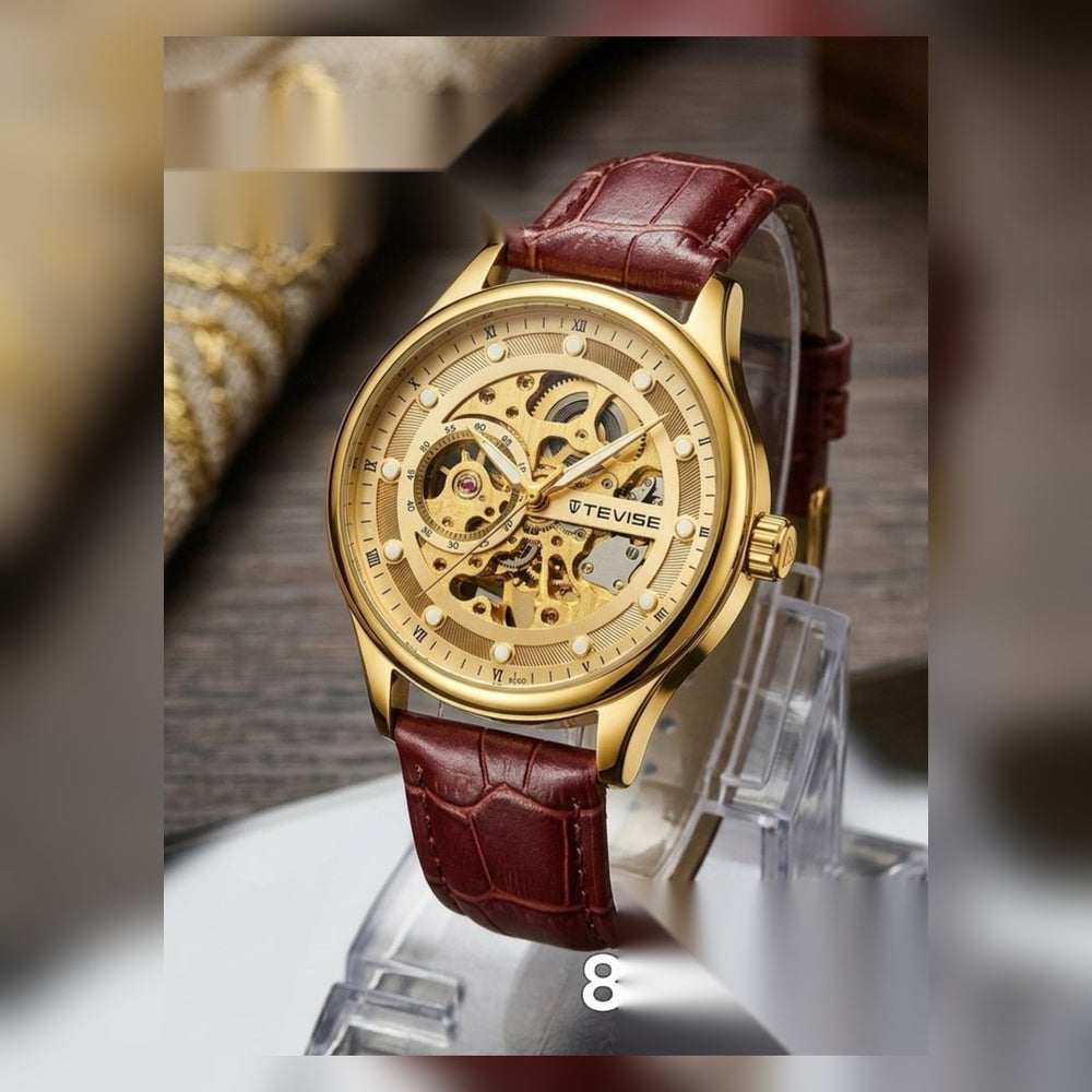 TEVISE Gold Skeleton Brown Strap Men's Watch – #2168