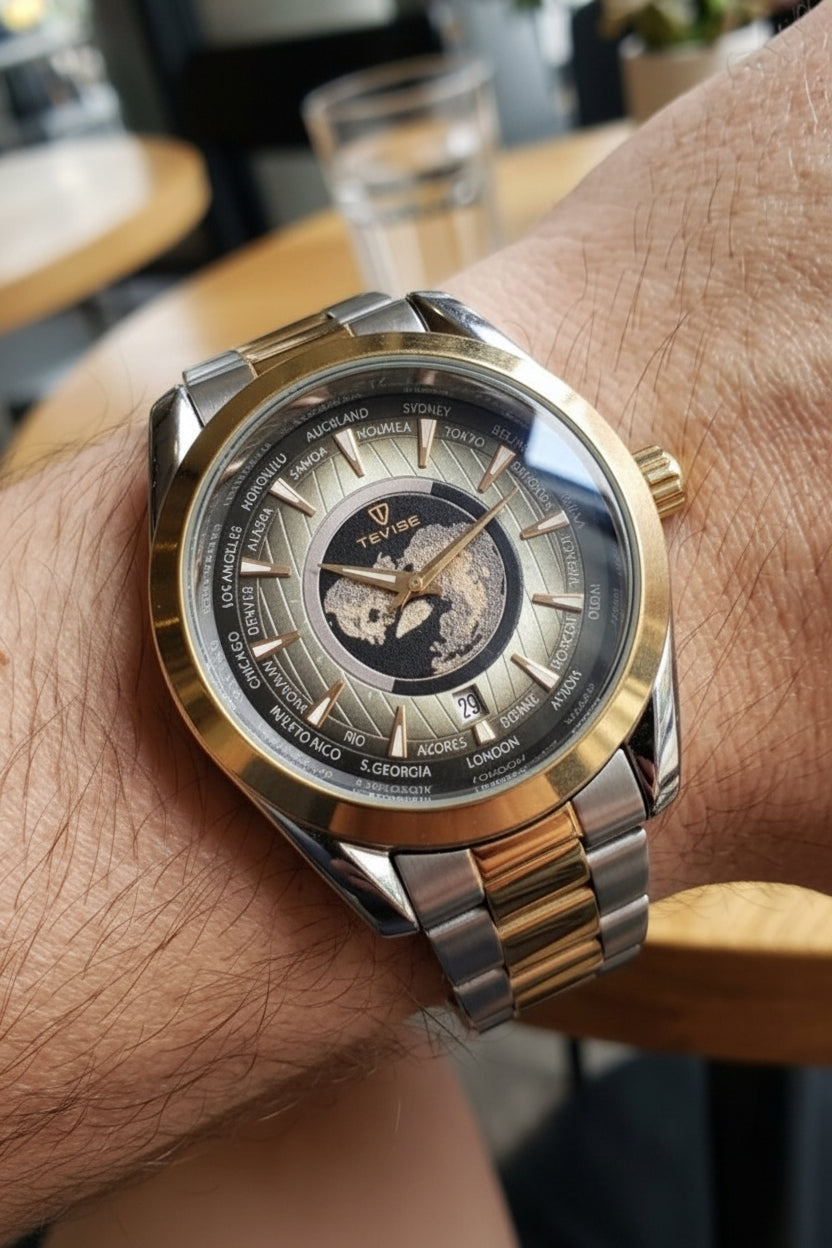TEVISE Two-Tone World Map Men's Watch – #2169