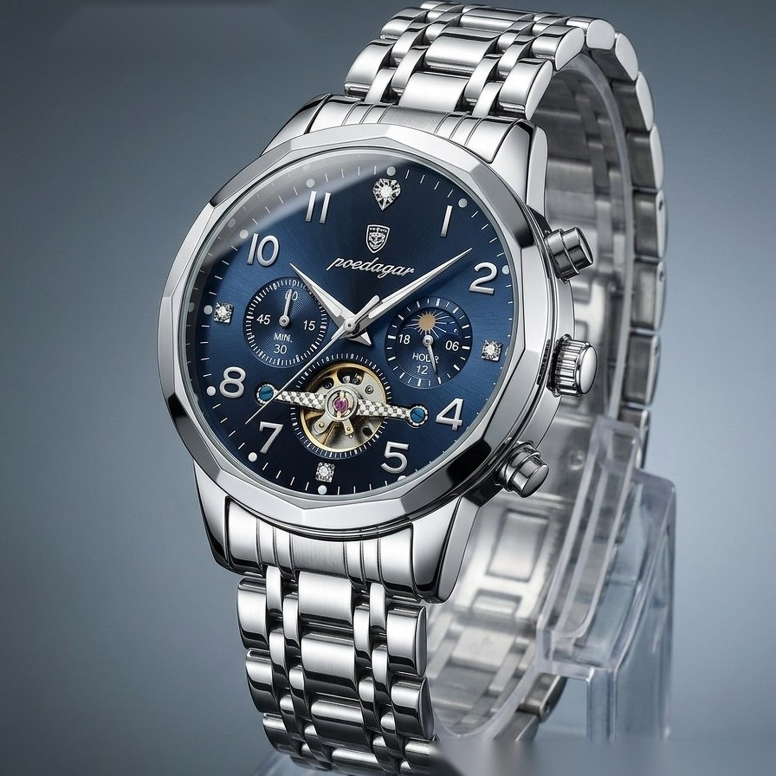 Blue dial silver men's watch #2214