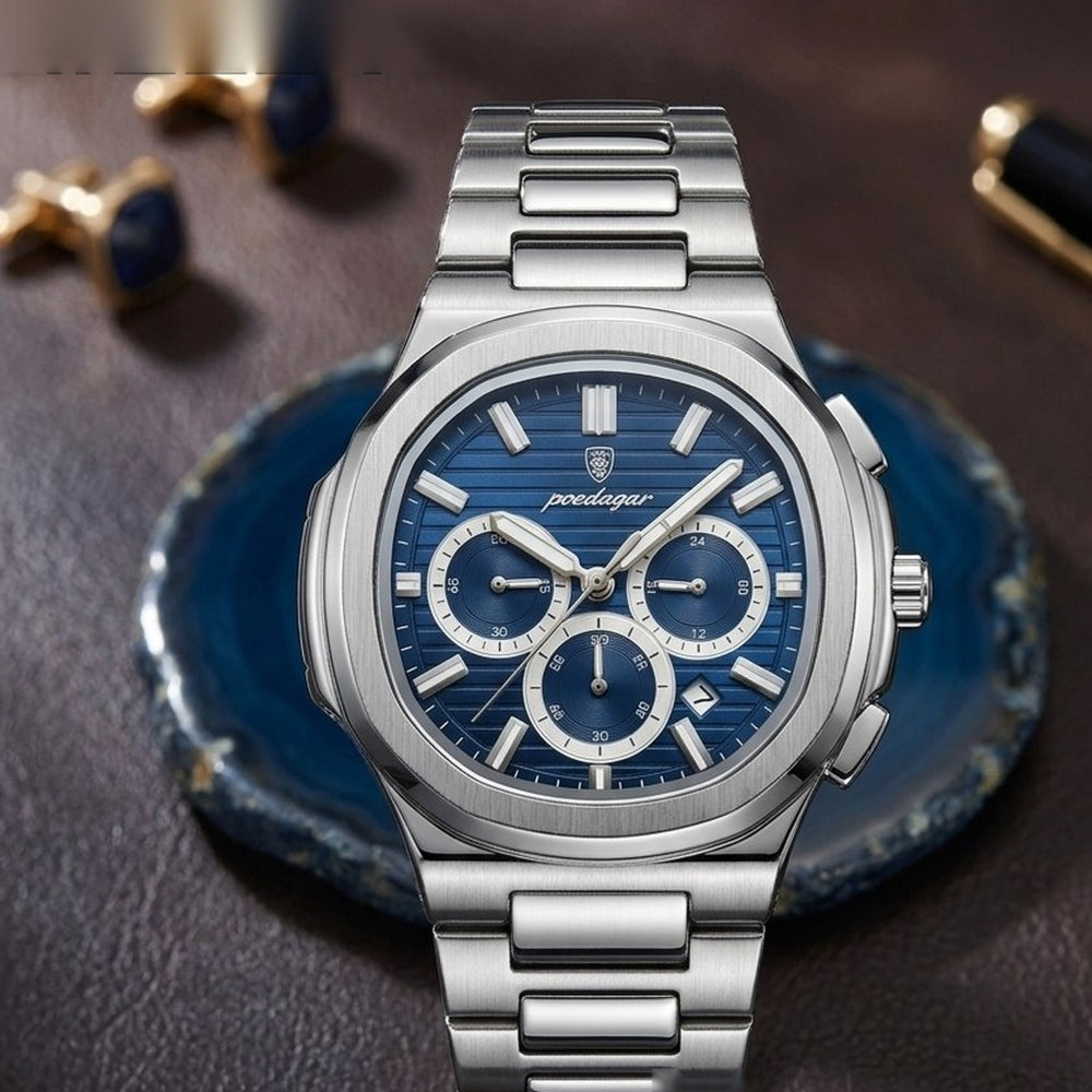 POEDAGAR Blue Silver Men's Watch – #2224