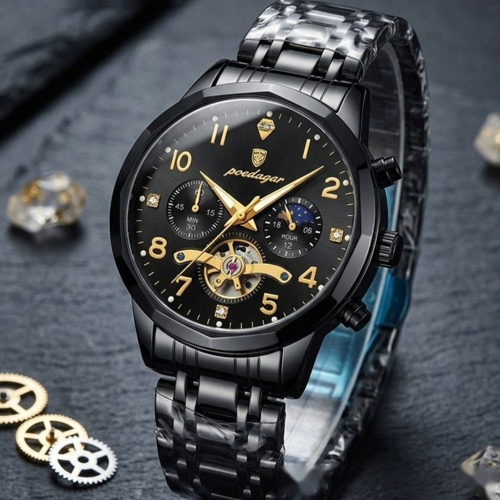 POEDAGAR Black Gold Dial Men's Watch – #2227