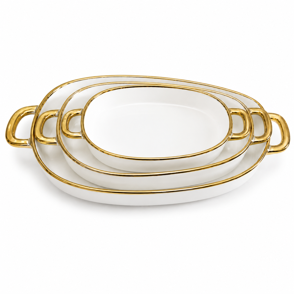 White and Gold Three-Piece Oval Serving Dish Set