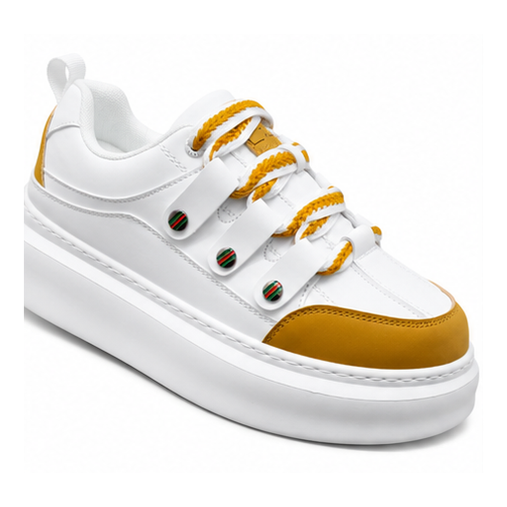 White and Mustard Triple-Strap Platform Sneakers