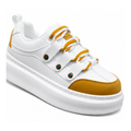 White and mustard triple-strap platform sneaker on a clean white background