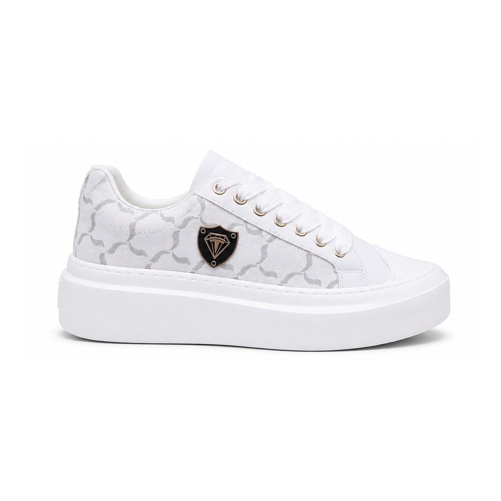White patterned platform sneaker with gold-tone eyelets and shield emblem